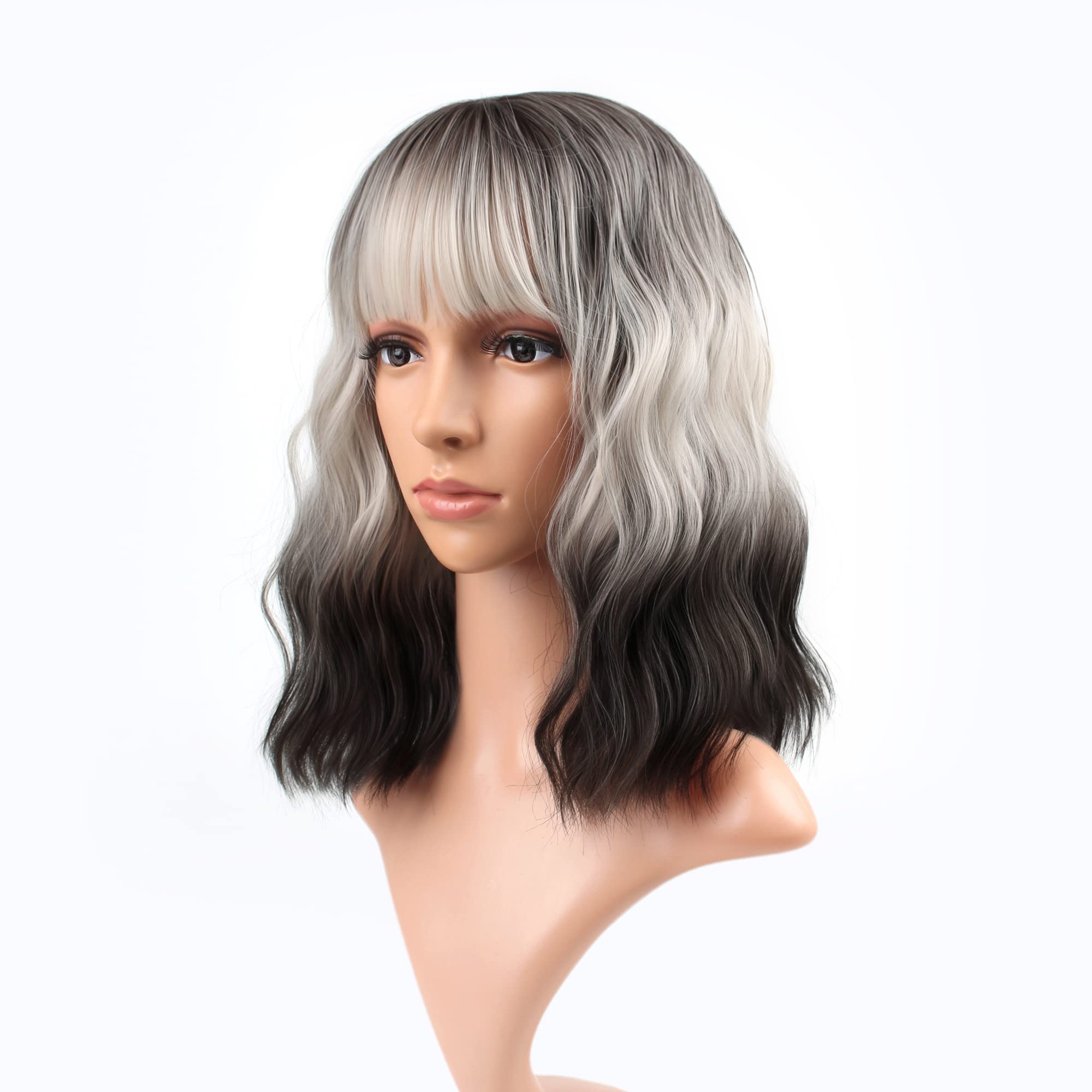 Photo 1 of VCKOVCKO Ombre 3 Tone Color Curly Bob Wig With Air Bangs Natural Curly Wavy Short Bob Wigs Women's Shoulder Length Wigs Synthetic Cosplay for Girl Colorful Wigs(12",Black-White-Black)
