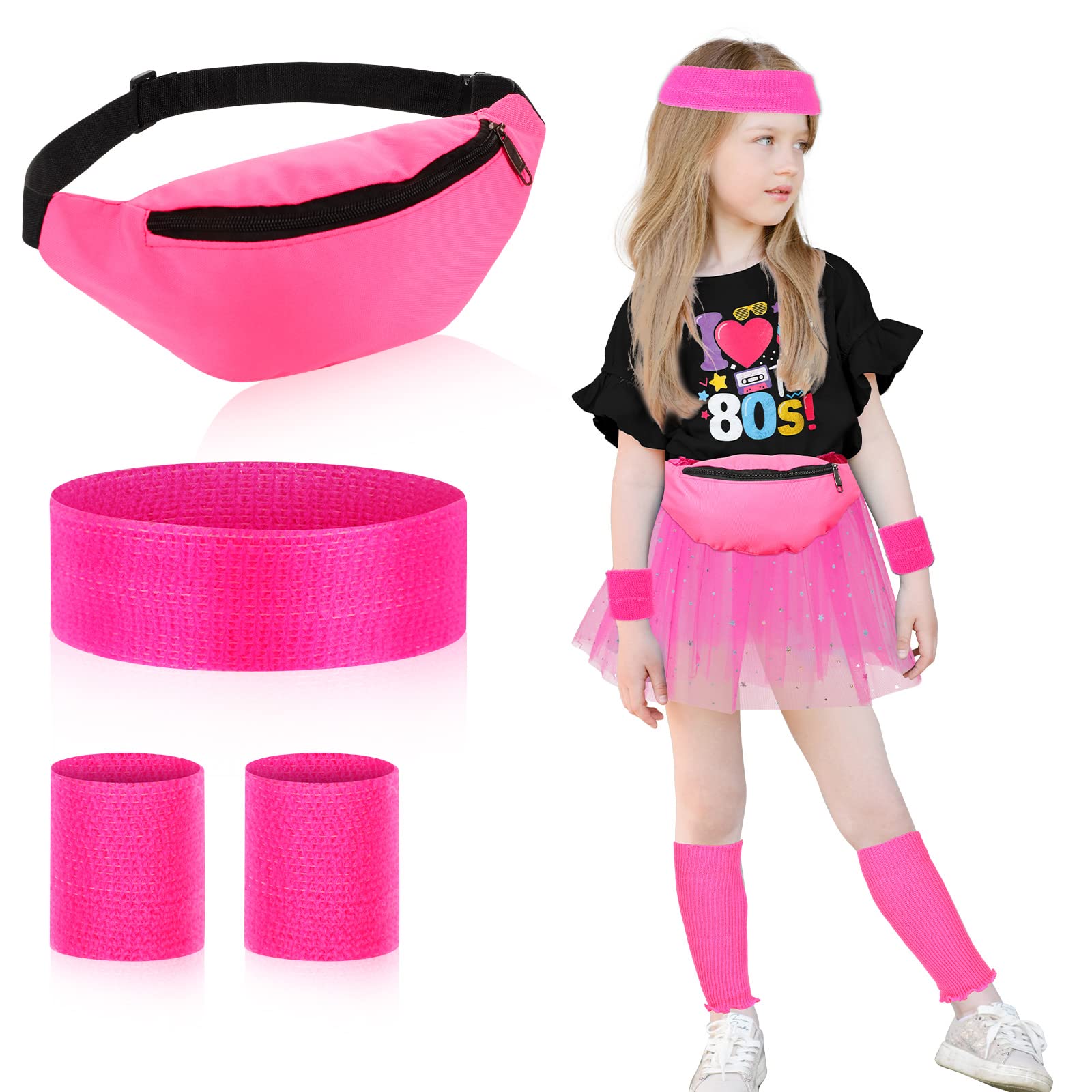 BBTO 5 Pcs 80s Neon Leg Warmers Set for Kids Girls Knit Pink Leg Warmers Fanny Pack Headband Wristbands for Kids Party Costumes (Pink Fanny Pack)