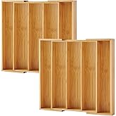 Purawood Kitchen Drawer Organizer, 2 Pack - Expandable Utensil Drawer Organizer for Kitchen, Cutlery Tray & Silverware Organizer, 3-5 Slots - Bamboo Organizer for Utensils & Flatware (Natural)