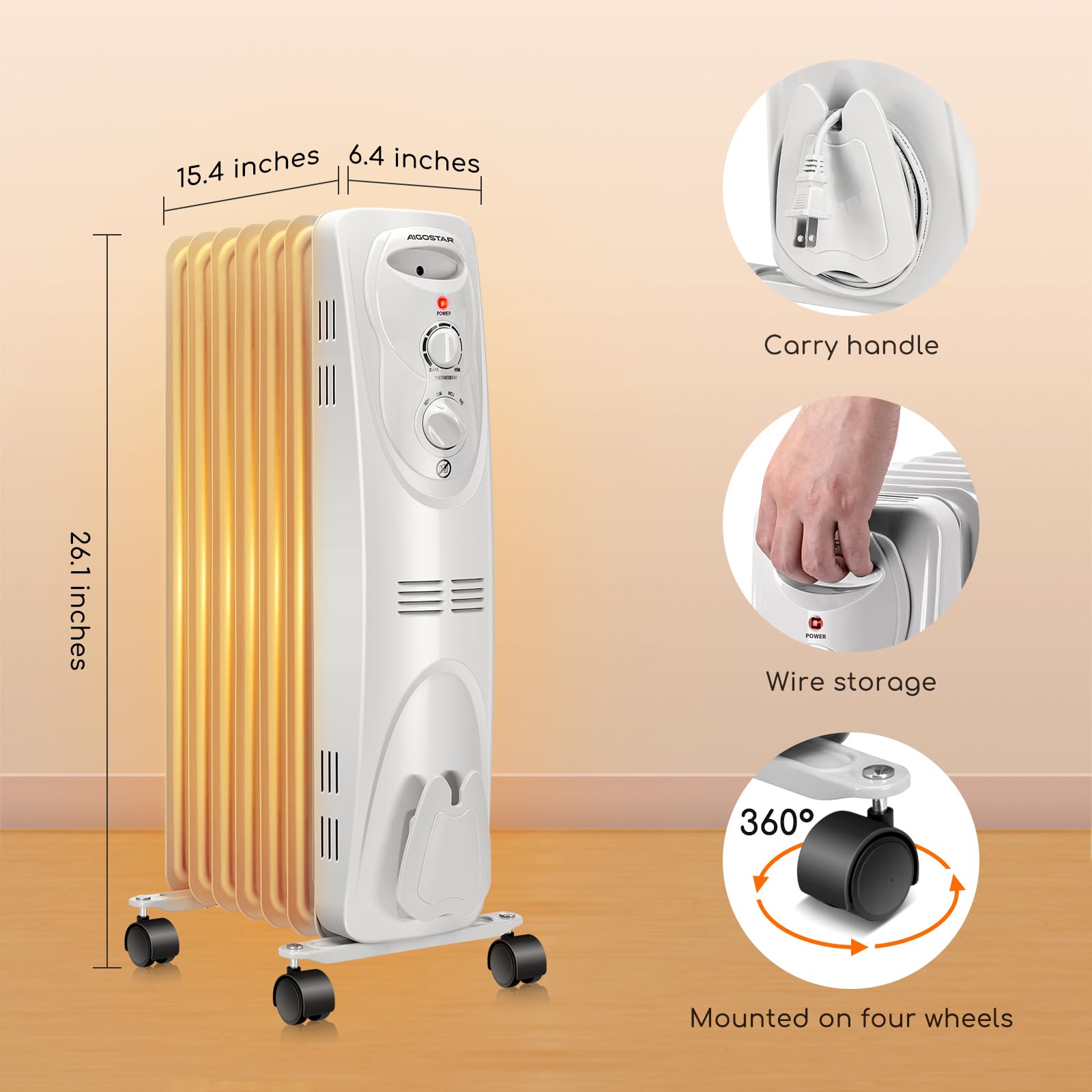 Aigostar 1500W Oil Heater 7-Fin Safe Heat, 3 Heat Setting Space Heater Adjustable Thermostat, Overheat & Tip-Over Protection, Heat Up 250 Square Feet, Quiet Oil Filled Radiator Heater for Indoor Use