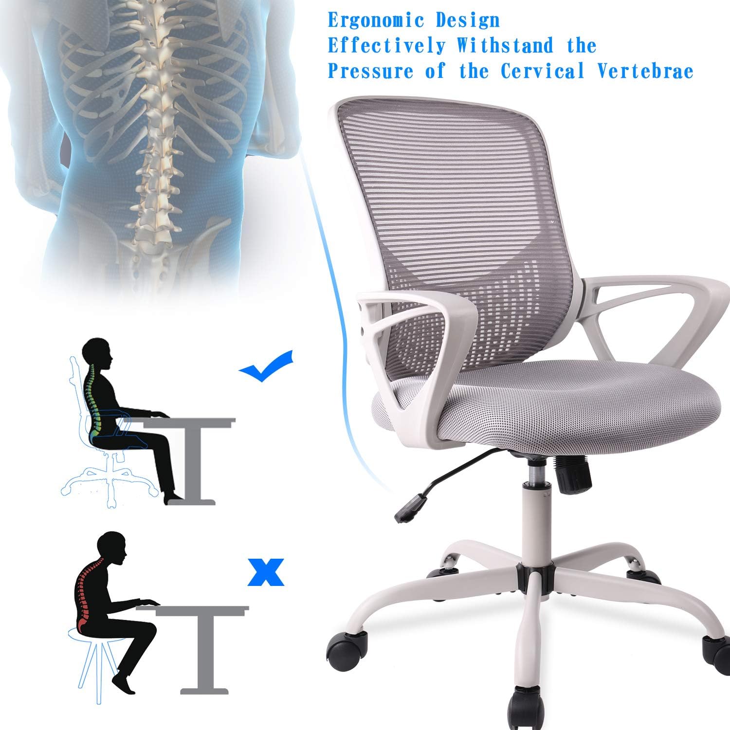 Office Chair, Ergonomic Desk Chair Computer Task Chair Mesh with Armrests Mid-Back for Home Office Conference Study Room, Gray: Kitchen & Dining