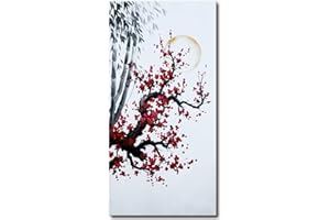 SEEKLAND ART Hand Painted Chinese Oil Painting Plum Blossom with Bamboo Wall Art Red Flower Canvas Artwork