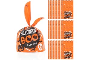 Semato Halloween Treat Bags, 50 Pcs Halloween Goodie Bags Boo Trick or Treat Gift Bag Plastic Bulk Candy Bag for Kids Party Favors