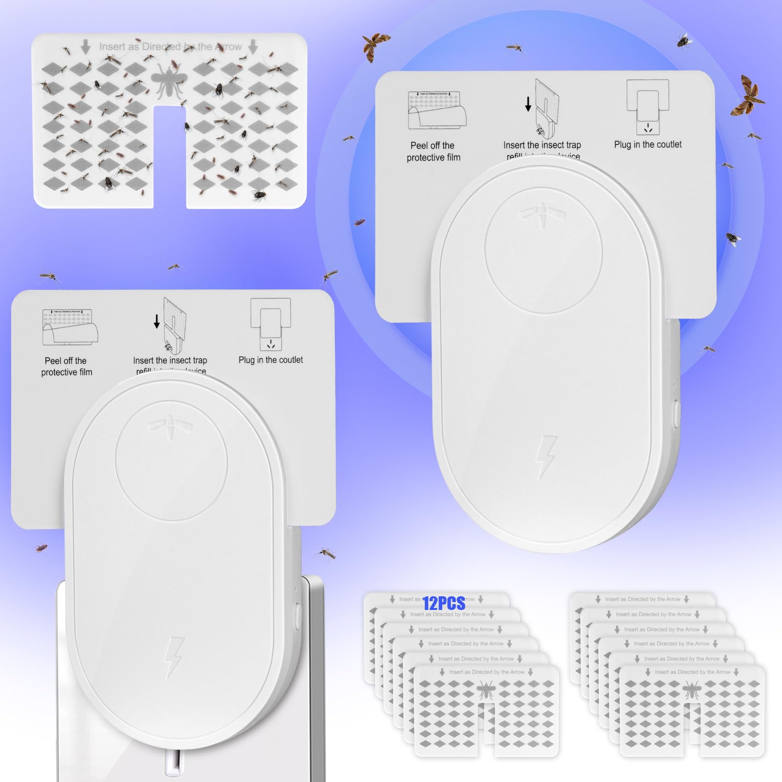 flintronic Fly Catcher Indoor, (2 Device + 12 Refills), Fly Trap Indoor, Fruit Fly Traps for Indoors, Gnat Traps for House Indoor, Flying Insect Killer for Gnats, Moths, Fruit Flies, Mosquitoes