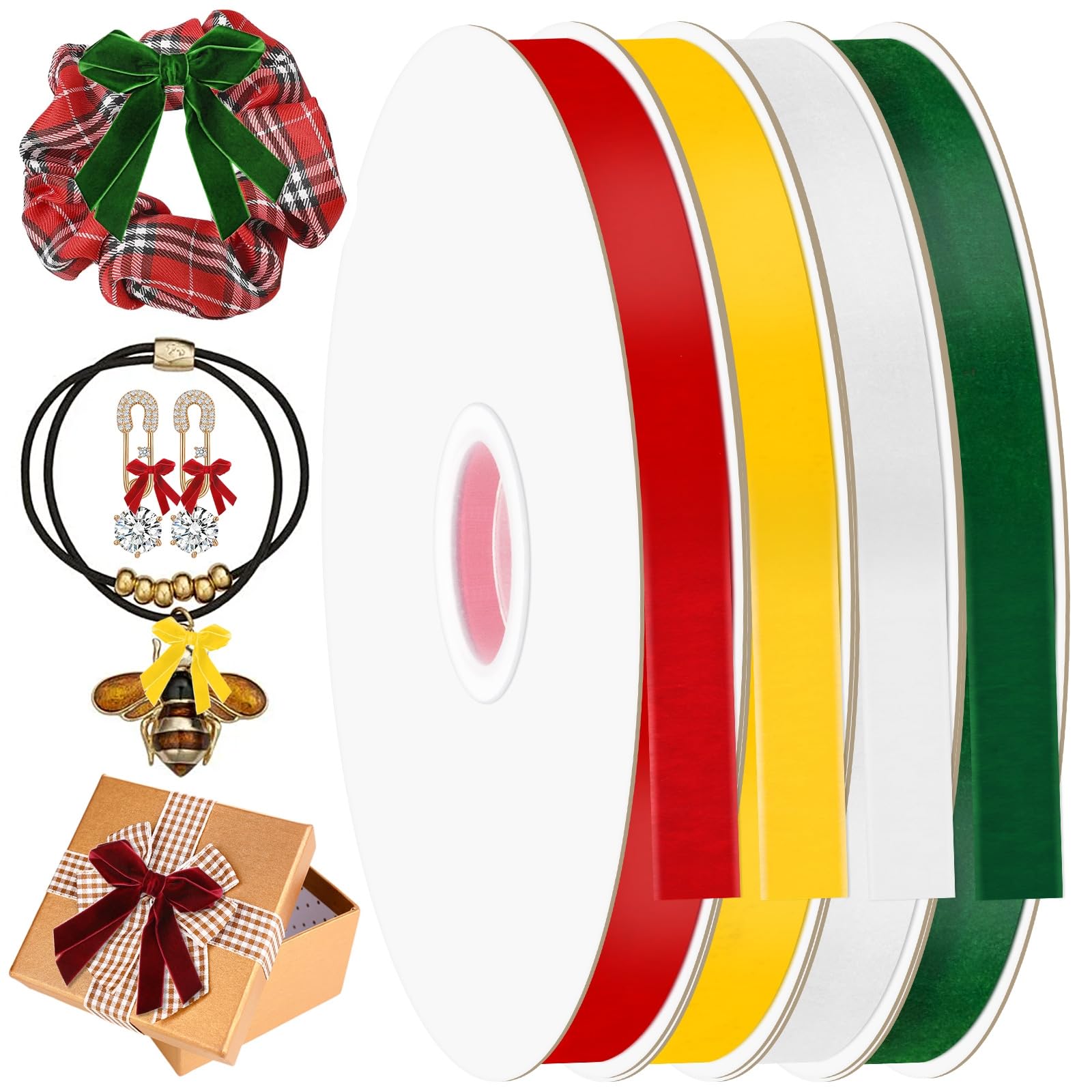 Glarks 4 Rolls 10Yards Velvet Ribbon Set, 4 Colors 3/8in Fabric Ribbons Roll for Valentine's Day Crafts Chair Sash Gift Wrapping, Invitation Cards, Floral Sewing Party