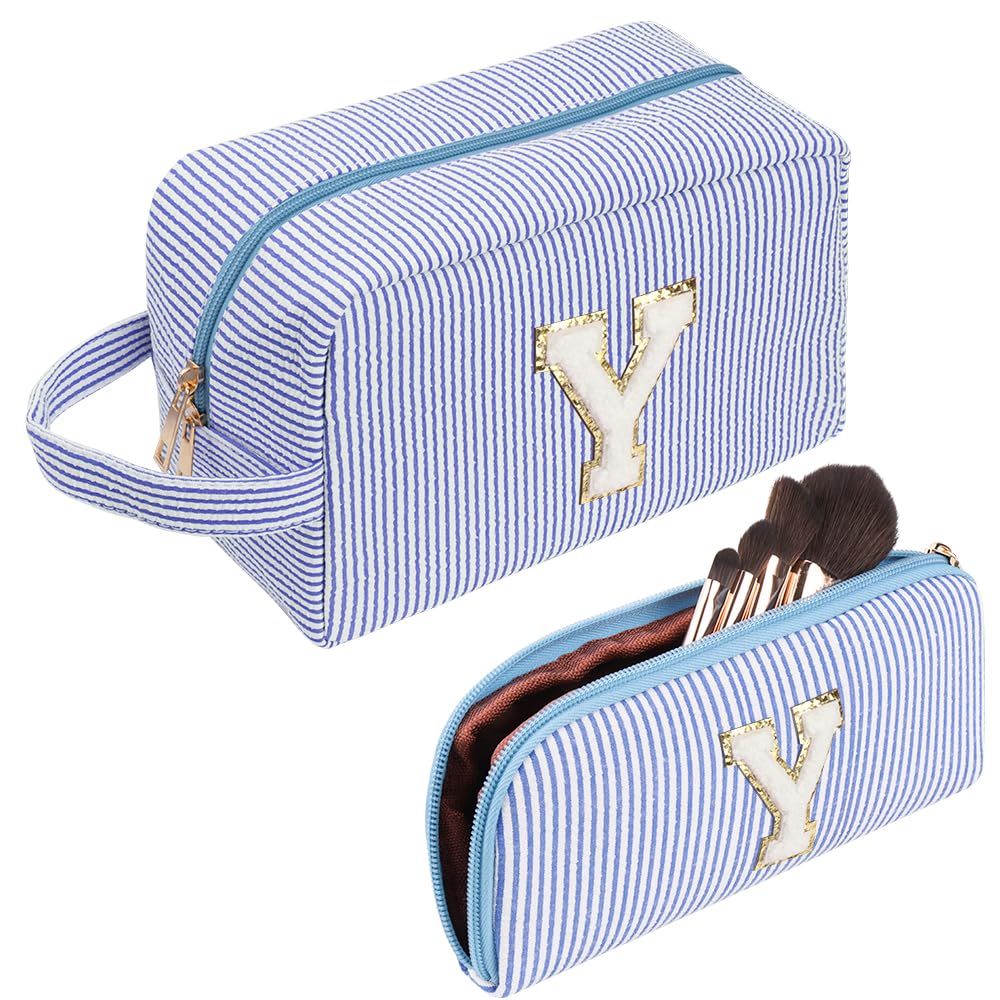 Large Makeup Bag,Travel Makeup Bag,Cute Initials Blue Corduroy Cosmetic Bag,Gift for Woman,Girlfriend,Best Friend,Mom,Daughter with Small Cosmetic Bag (Y)