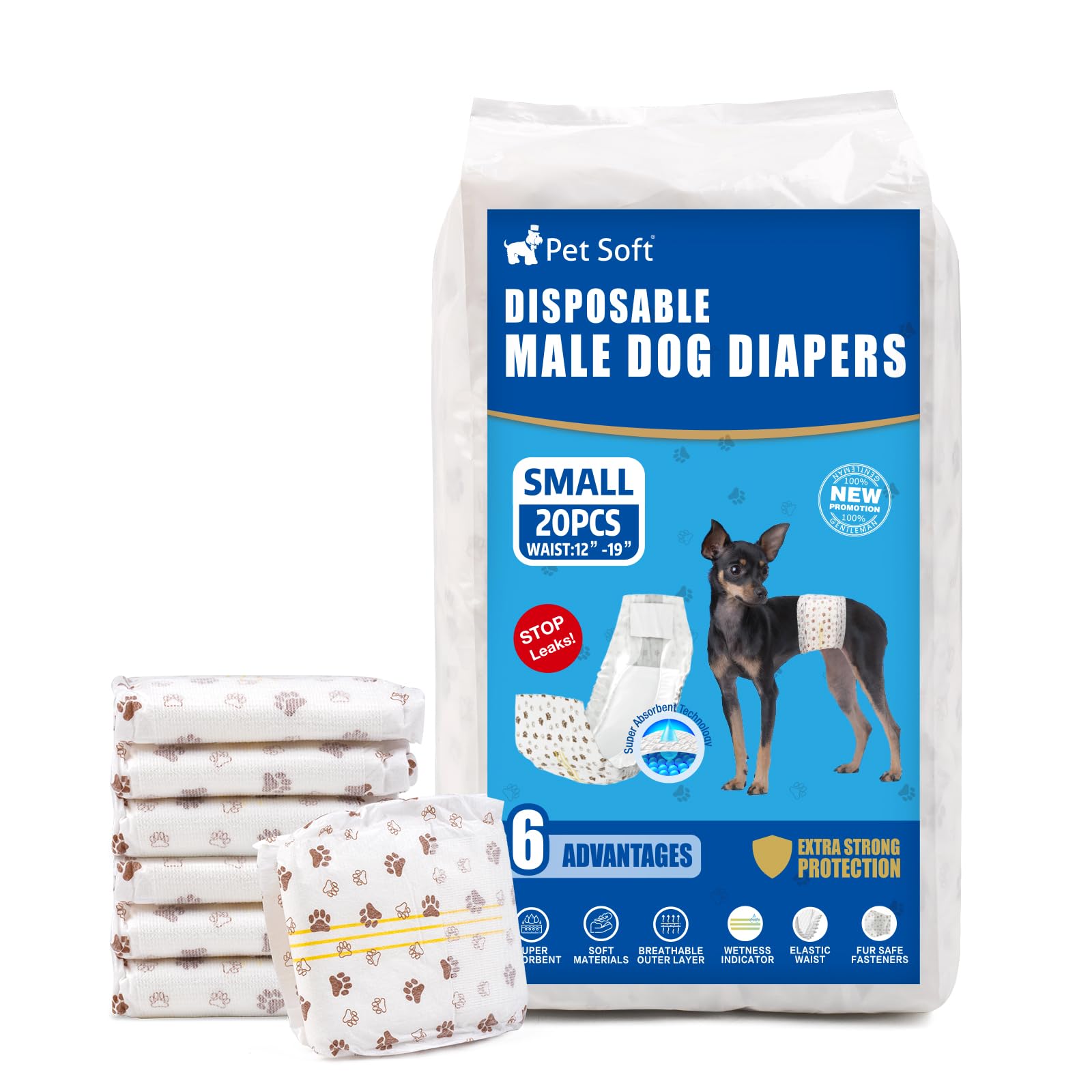 Pet Soft Dog Nappies Male- 20 Counts Disposable Male Dog Wraps, Super Absorbent Puppy Dog Diapers Incontinence Nappy Wraps with Wetness Indicator (S-20 Count)