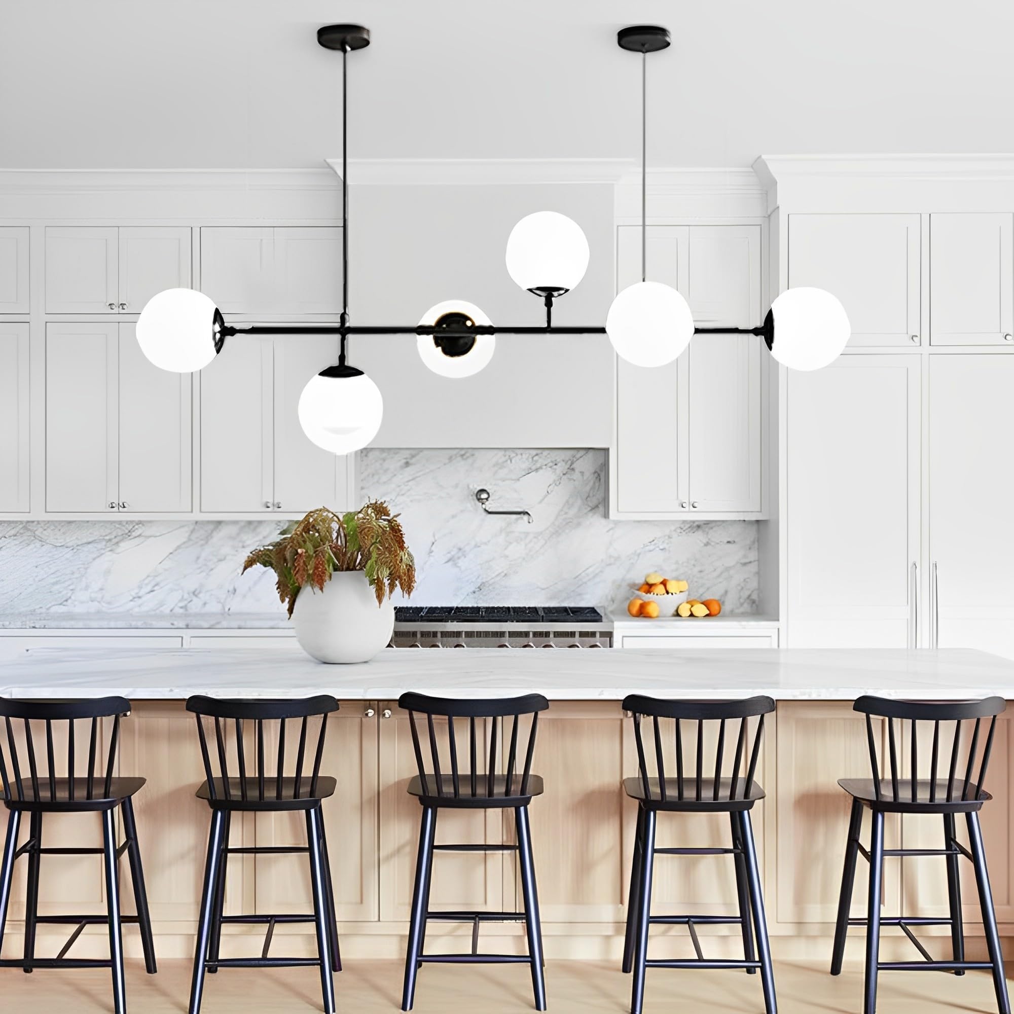 Photo 1 of ***DOES NOT WORK*** IBalody Modern Linear Chandelier 6-Lights Glass Globe Pendant Light White and Black Pendant Lamp Mid Century Rectangle Chandelier Island Lights for Kitchen Dining Room Living Room