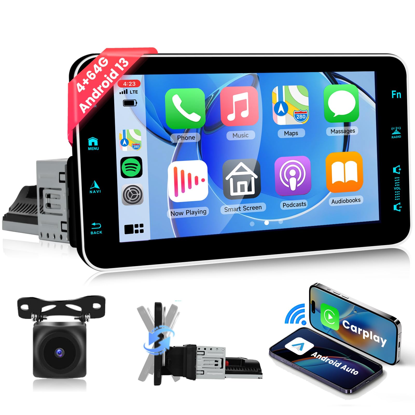 DAB/DAB Single Din Car Stereo With Wireless Carplay Android Auto, Hodozzy 1 Din 7 Inch Flip Out