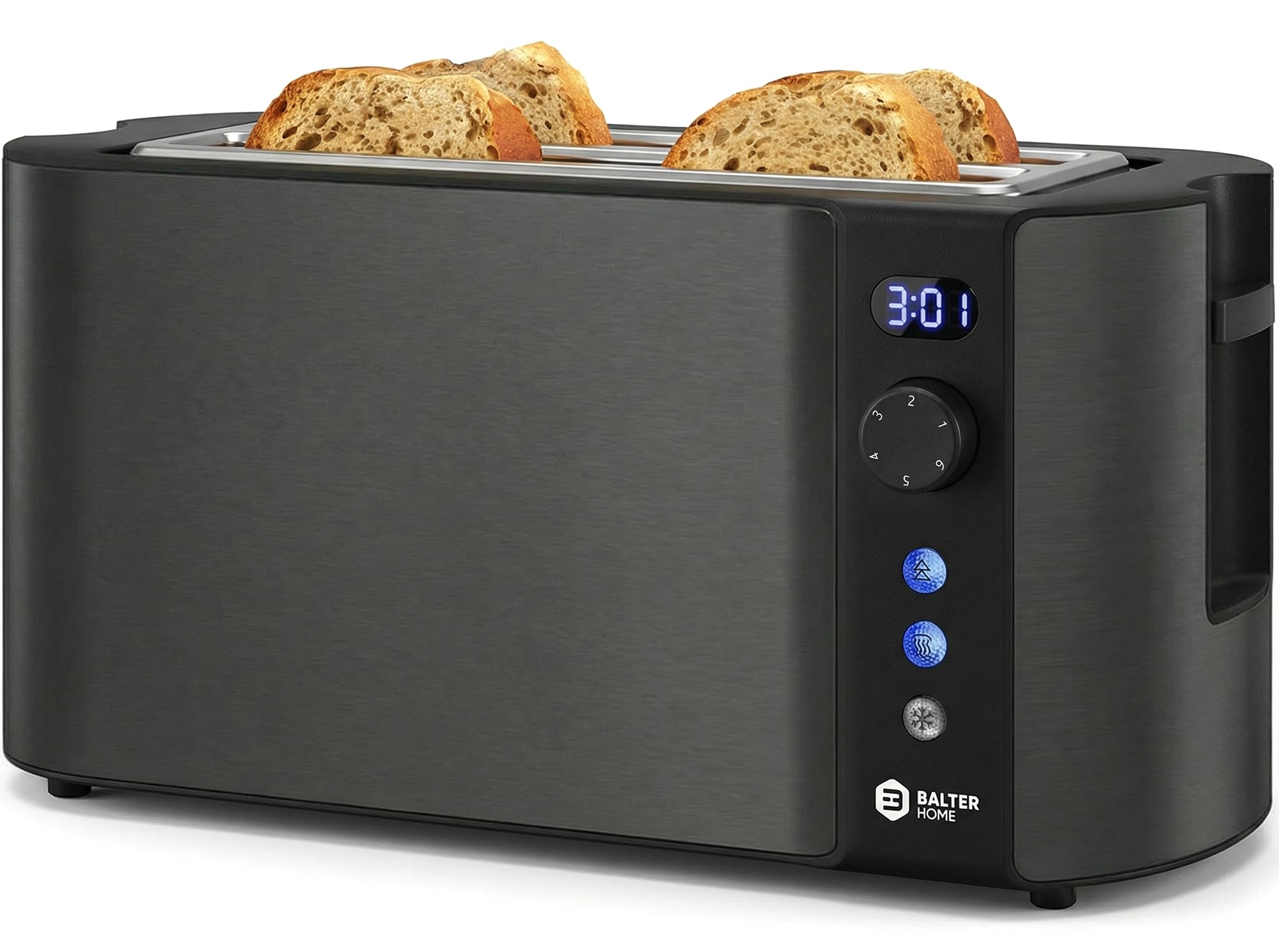 Balter Toaster 4 Scheiben, Langschlitz, Edelstahl, Brötchenaufsatz, LCD Display mit Restzeitanzeige, Auftaufunktion, Brotzentrierung, Krümelschublade, TS-04-LCD, Farbe: Schwarz