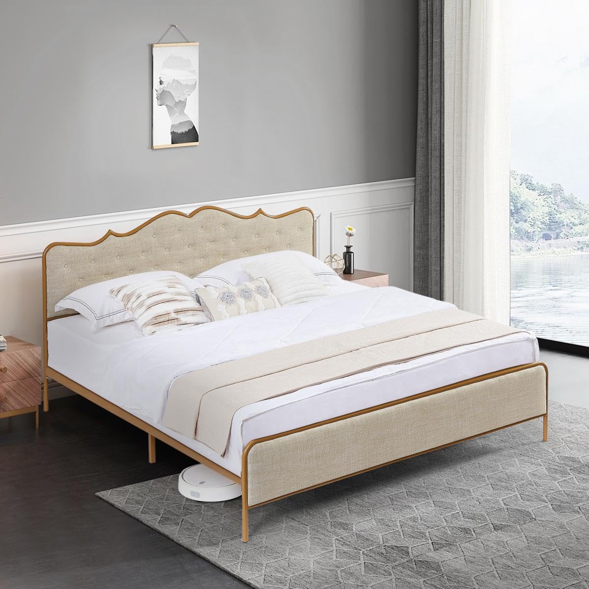 Photo 1 of ***PARTIAL SET*** ***READ CLERK NOTES*** Dolonm King Size Classic Buckle Backrest Platform Bed Frame, Metal Frames Bed Foundation with Wooden Slats Support, Beige + Yellow Leather Sponge Soft Bag Beds
