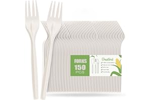 Gezond Compostable Forks 150 Count White Heavy-Duty Forks Disposable Cutlery Set 7 Inch Biodegradable Utensils for Party Supp