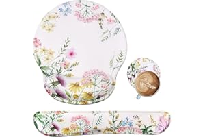 iLeadon Mouse Pad with Wrist Support Keyboard Wrist Rest Set, Ergonomic Mouse Pad with Non-Slip Base for Computer Laptop Home Office + Coasters, Easy Typing & Pain Relief Mouse Mat, Wild Flowers