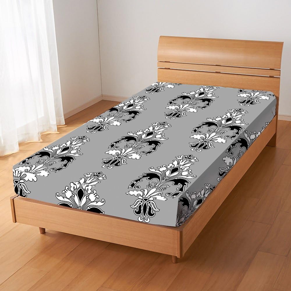 Damask Floral Adult Bedding Black, Cream and Maroon' Fitted Sheet 50% Cotton Polyester Single Bed (Single, Black)