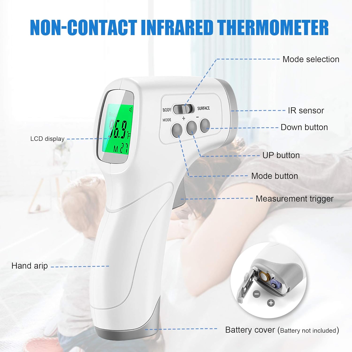No Contact Infrared Forehead Thermometer, Temperature Gun with LCD Display Fever Alarm, Digital Touchless Thermometers 2 in 1 Dual Mode, No Touch Infrared Forehead Thermometer for Adults and Kids : Baby