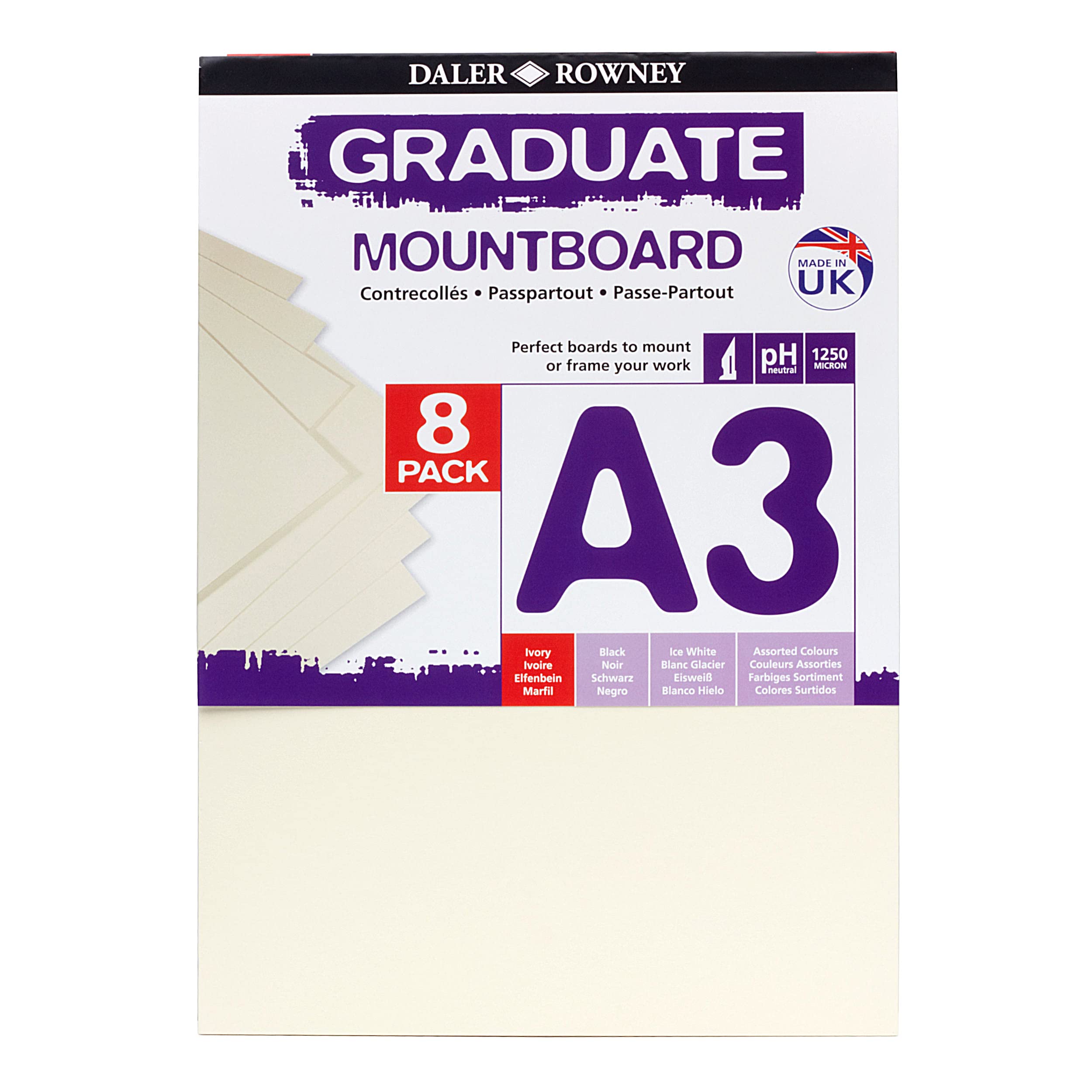 Daler-Rowney Graduate Cream Core A3 Mountboard Pack, 8 x Ivory Smooth Surface, 1.25mm Thick, For Student Artists & Hobbyists