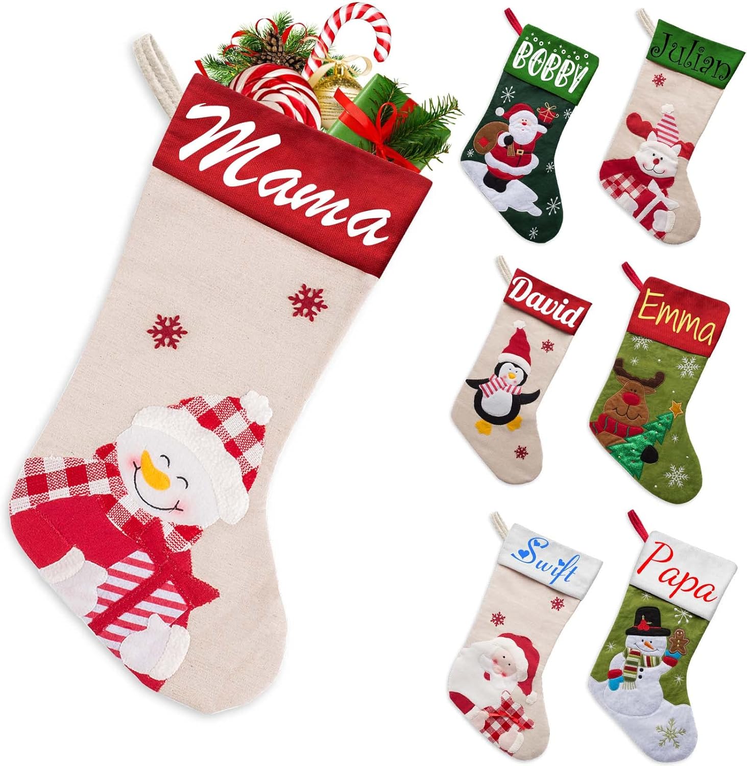 Stockings & Holders - Xsersao Christmas Stockings Personalized Set of 1 2 3 4 7 Family Custom Name Christmas Stocking Customized Xmas Gift for Kid Dad, Mom (Santa, Penguin, Snowman, Reindeer)