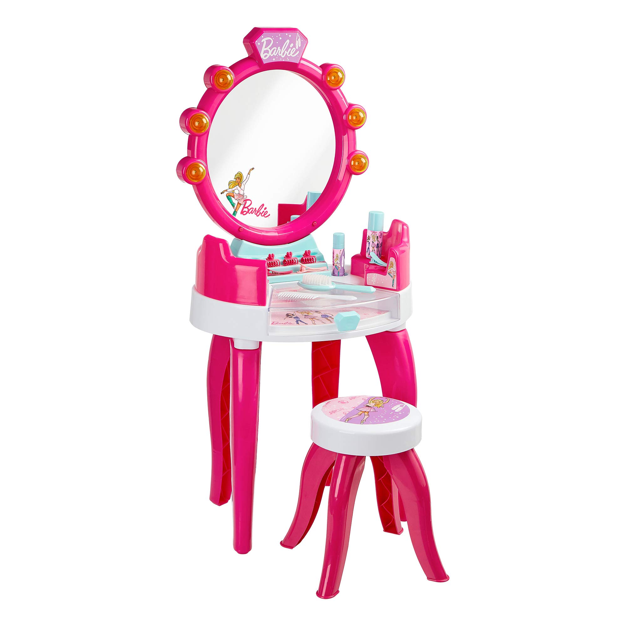 Theo Klein 5328 Salone di Bellezza Barbie con Luce e Suono, RiPiani girevoli e Specchio, con Numerosi Accessori, Giocattolo per Bambini a Partire da 3 Anni
