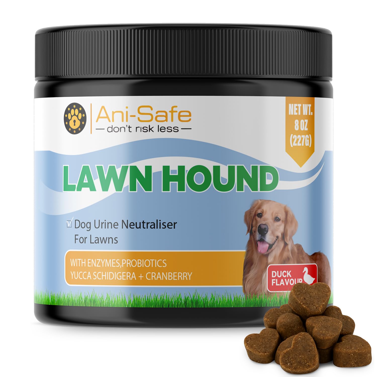 Ani-Safe XL Dog Urine Neutraliser Supplement – Duck Flavour 8oz / 227g Grass Saver for Dogs | Lawn Burn Repair & Prevention | Keep Grass Green, Stop Yellow Spots, Pet Safe Formula