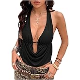 BEAUDRM Women's Y2K Halter Top Open Back Going Out Tops Sexy Draped Backless Deep V Party Rave Clubwear