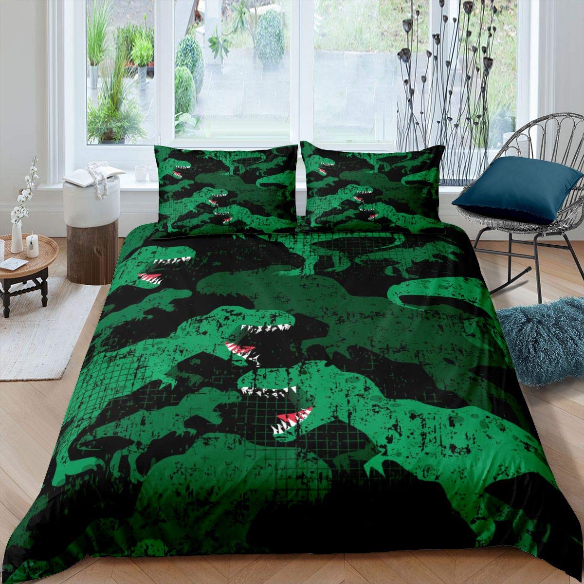 Dinosaur Bedding Set Jungle Animals Comforter Cover for Kids Adult 3D Dinosaur Duvet Cover Cute Cartoon Green Dino Grunge Bedding & Linen 3Pcs King