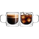 NIRA.Z 12 OZ Double Walled Glass Coffee Mugs Set of 2 Clear Coffee Cups with Handle 355ml Hand-Blown Insulated Glass Tea Cups for Hot & Cold Beverages, Cappuccino, Latte, Tea Bags, Espresso, Americano