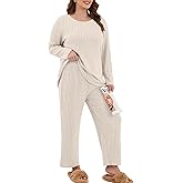 ZHUHOUSE Womens Plus Size Lounge Pajamas 2 Piece Pj Sets Soft Long Sleeve Ribbed Tops Wide Leg Pants with Pockets