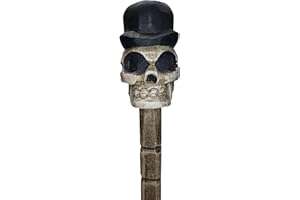 Stoneage Arts Halloween Skull Head Cane Stick Pirate Day of The Dead Home Décor Indoor Outdoor Garden Hand Carved Wood 40 Inches (Hat)