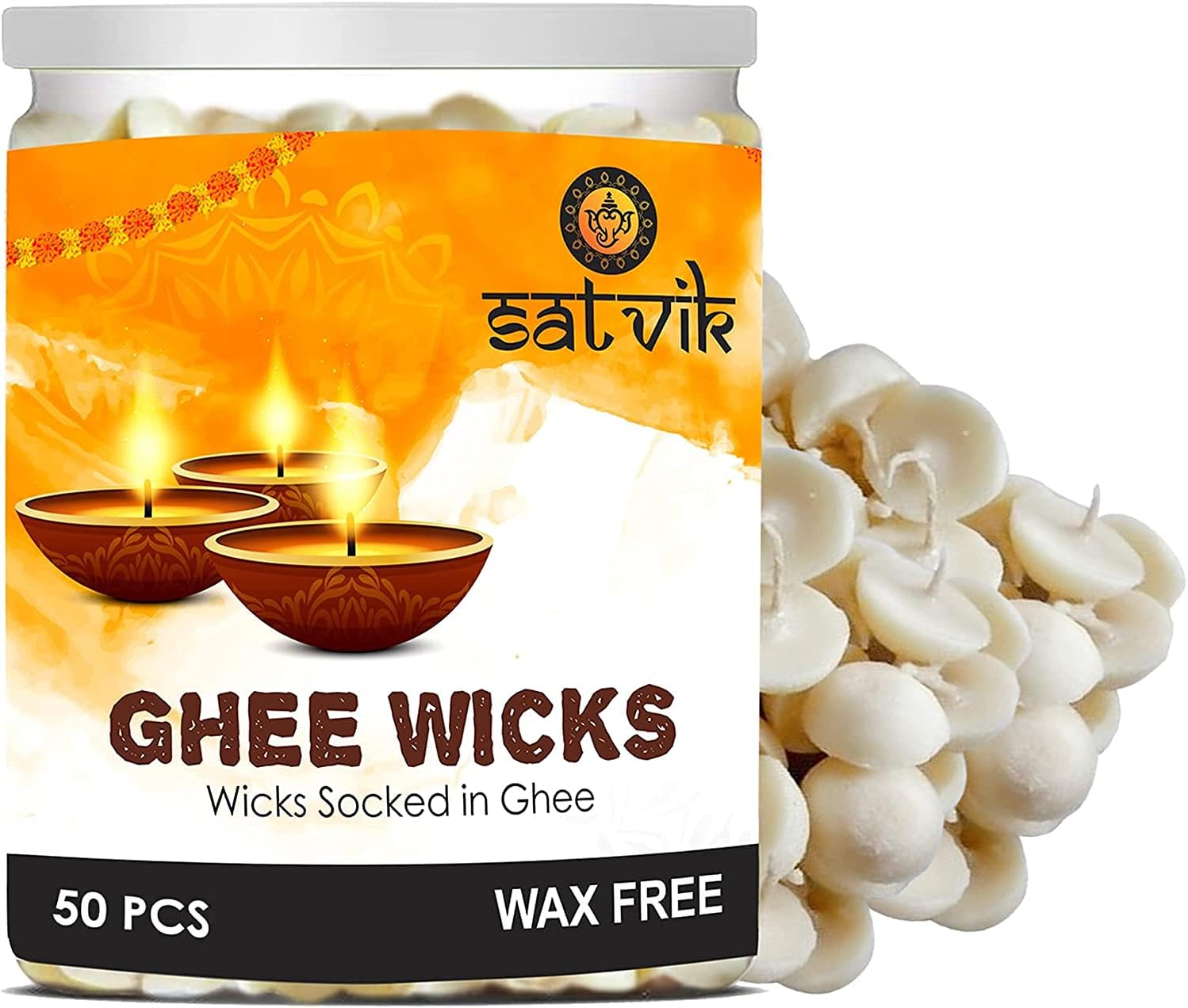 Oil Lamps & Accessories - SATVIK 50 Pc Pure Ghee Wicks for Puja (Upto 30 Mins) Pooja Home and Mandir. Nitya Pujan Readymade Ghee Jyot Jyoti Pujan Indian Housewarming Return Gift Items Accessories. Diwali Cotton Wicks