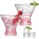 XUWAIDSGN 12 Pcs Plastic Pink Stemless Martini Glasses 10oz Martini Cocktail Glasses Reusable Crystal Cocktail Glasses Vintage Cocktail Glassware Margarit Drinking Cups Coupe Glasses (12, PInk