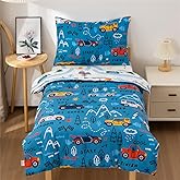 NTBED 4 Pieces Racing Car Toddler Bedding Set for Baby Boys, Hill Vehicles Transportation Printed, Includes Comforter, Flat Sheet, Fitted Sheet and Pillowcase,Blue