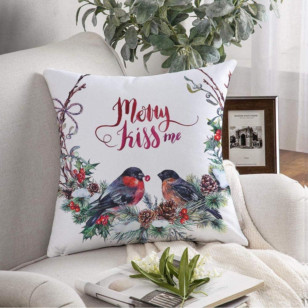 Pillow Cover Red Branch Watercolor Christmas Wreath Made