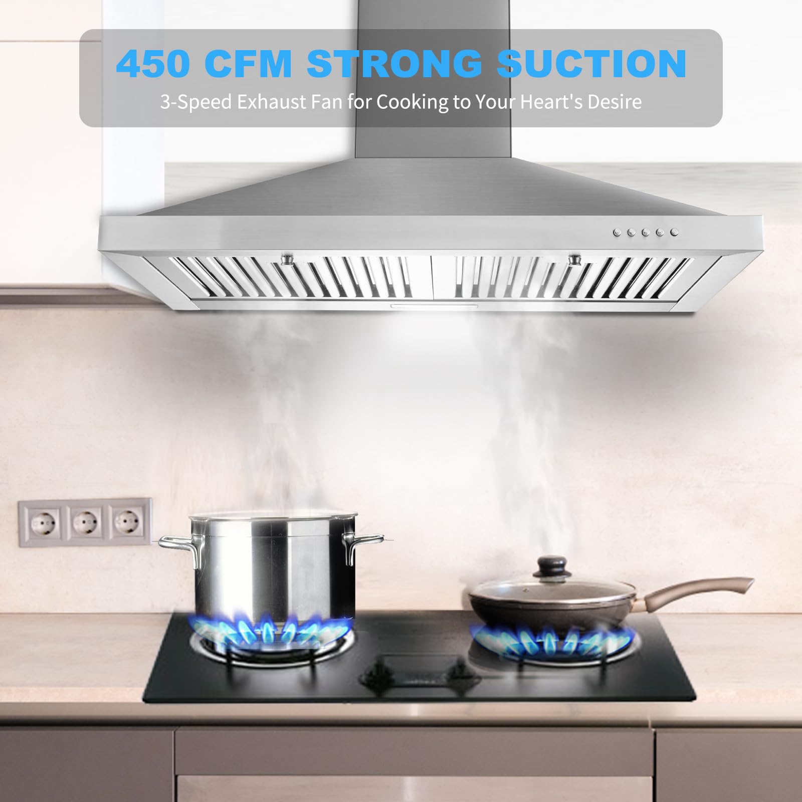 Range Hood, Range Hoods 30 inch Stainless Steel, 450 CFM Kitchen Hood with LED Light Baffle Filters, 3 Speed Exhaust Fan Vent Hood