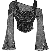 OYOANGLE Women's Sequin Mesh Long Bell Sleeve 2 in 1 Mesh Top Asymmetrical Neck Fitted Party Crop Tops