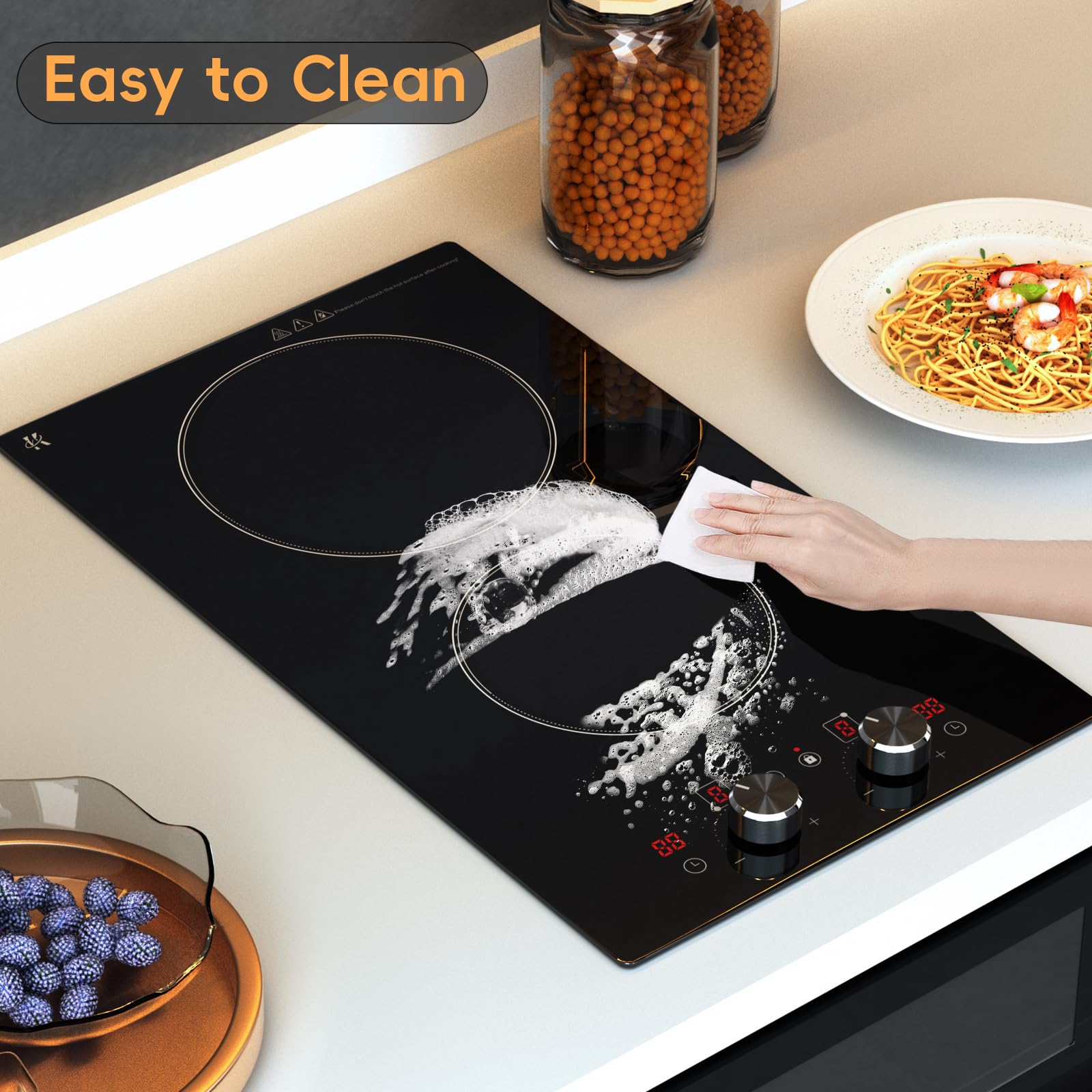 2 Burner Electric Cooktop 220-240V, 3000W Radiant Electric Stove Top with Built-in Design, 12 inch Knob Control Ceramic Cooktop with Safety Lock, 9 Level Power, Timer - Hard Wire