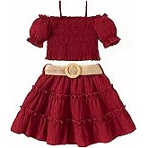 FRCLHWA Girls Outfits Puff Sleeves Off Shoulder Crop Tops and Ruffle Flared Hem Skirt Set Toddler Summer Clothes