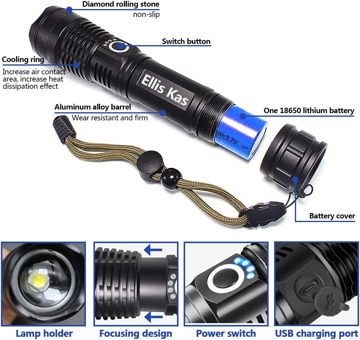 Rechargeable Flashlights LED Tactical Flashlight，Hand Held Light with Rechargeable Battery, High Lumens Zoomable 5 Modes, Waterproof Power Display, for Camping Hiking Outdoor Activity Emergency - - 