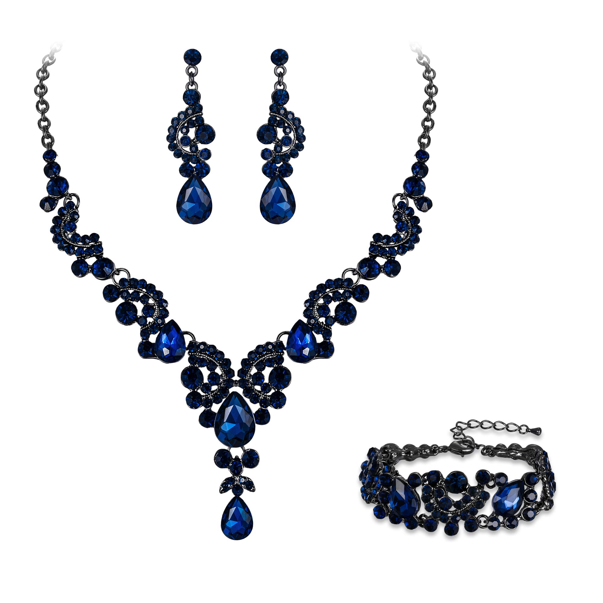 Ever Faith Wedding Jewellery Set for Women, Sparkly Rhinestone Crystal Vintage Floral Teardrop Brides Bridal Necklace Earrings Bracelet Sets Prom Party Costume Jewelry 3 Pcs Navy Blue Black-Tone