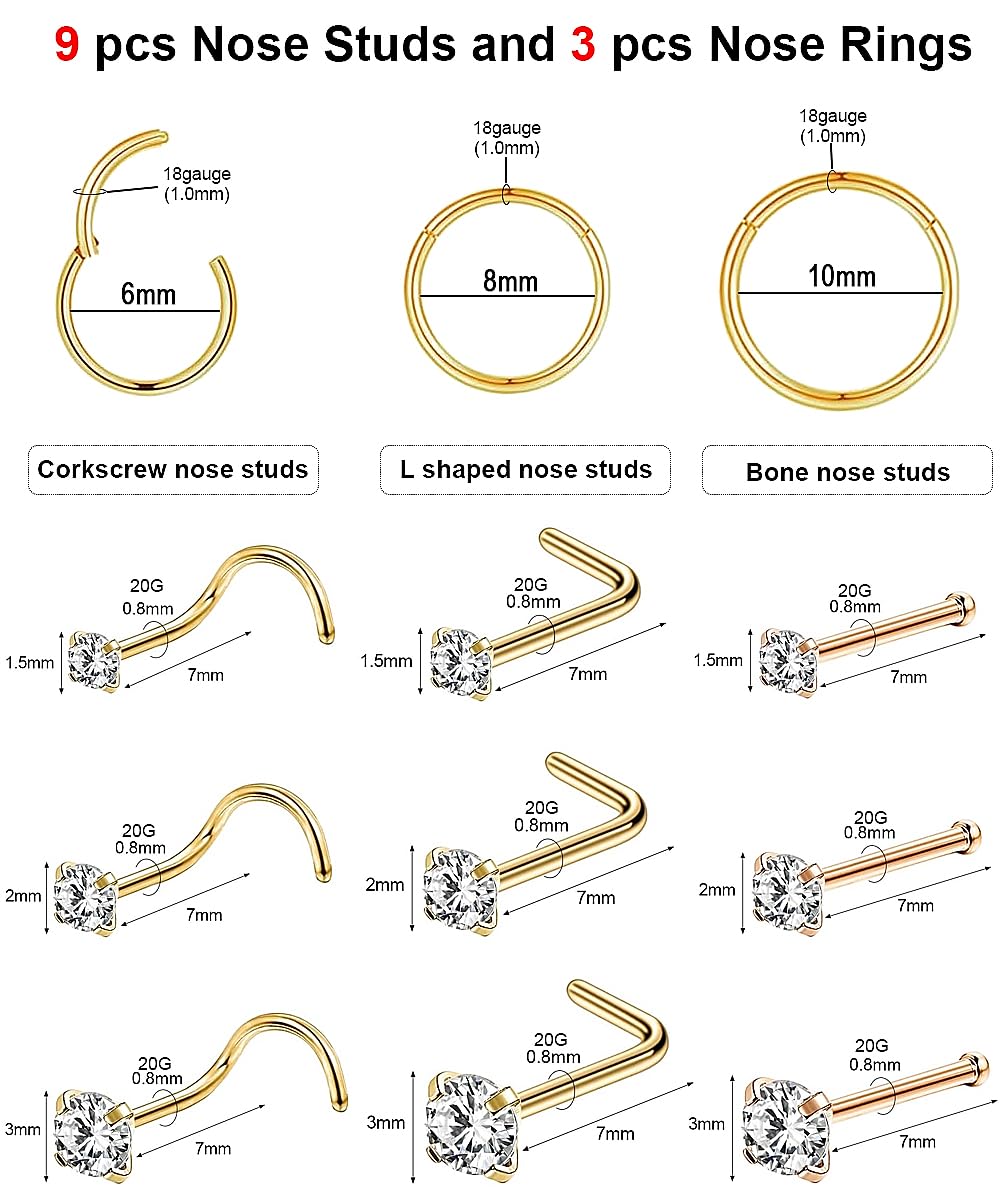 18g Nose Rings Hoop and 20g Nose Studs Sets for Women Men,Hypoallergenic 316L Surgical Stainless Steel Hinged Clicker Segment Nose Rings Hoop Helix Cartilage Daith Tragus Sleeper Earrings Silver Gold Black L Shape/Corkscrew/Straight Nose Studs Real Body Piercing Jewelry
