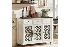 Joaxswe Farmhouse Sideboard Buffet Cabinet with Storage,48" Large Credenza with 3 Glass Doors & 3 Drawers,Adjustable Shelves Console Table,Wood Kitchen Coffee Bar for Dining Room,Living Room,White