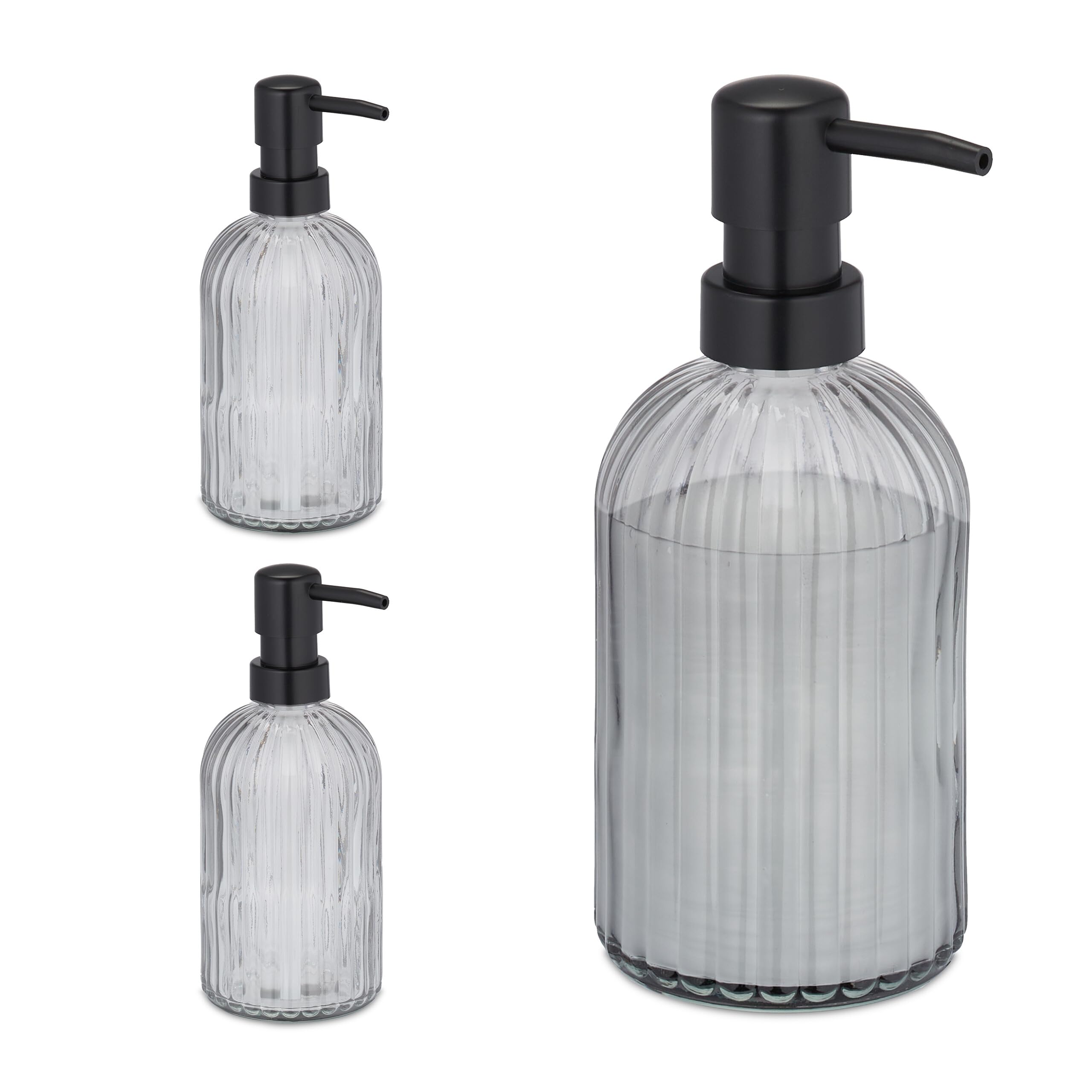 Relaxdays Glass Soap Dispenser, Set of 3, Pump Head, Refillable, Bathroom & Kitchen, Liquid Container, 400 ml, Black, 19 x 9 x 7 cm