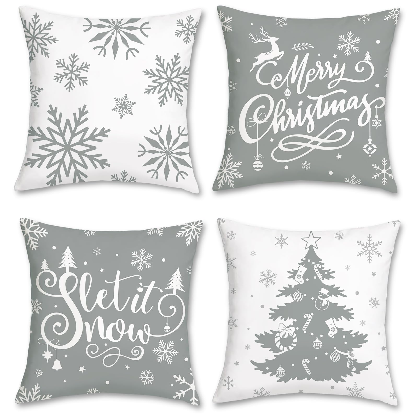 Bonhause Winter Cushion Covers 45 x 45 cm Grey Snowflake Decorative Throw Pillow Covers Soft Velvet Pillowcases for Sofa Bed Home Holiday Winter Decor Set of 4