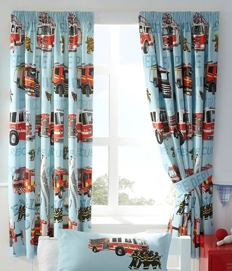 Fire Engines Boys Blue Fully Lined Ready Made Pencil Pleat 66 X 54