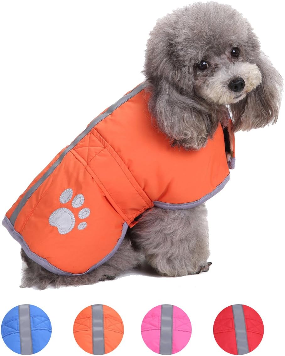 FishBabe Pets Reversible Water-Resistant Windproof Warm Padded Coat With Reflective Stripes For Small Medium Large Dogs Cats Four Colours Optional Winter Jackets With Adjustable Belt Orange X-Small