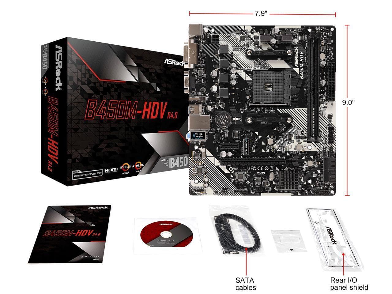 B450M-HDV R4.0 AMD B450 AM4 Socket Ryzen 2000 - 5000 Processors DDR4 3200 64GB HDMI DVI-D D-Sub Motherboard SATA 6Gb/s Micro ATX M.2
