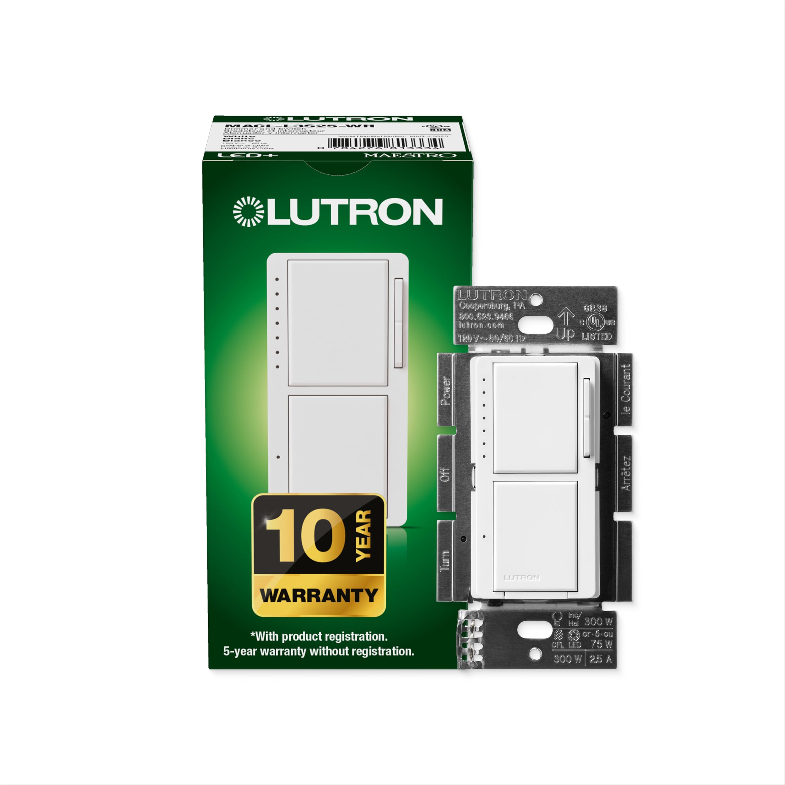 Photo 1 of Lutron Maestro LED+ Dual Dimmer and Switch | 75-Watt LED Bulbs/2.5A Fans, Single-Pole | MACL-L3S25-WH | White