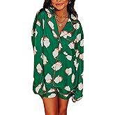 Faretumiya Women Christmas Pajamas Shorts Sets Xmas Printed Long Sleeve Button Shirt Lounge Set 2 Piece Santa Pjs Sleepwear
