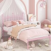 Merronix Twin Bed Frames with Headboard, Princess Bed for Girls Heavy Duty Metal Platform Easy Assembly No Box Spring Needed,Light Pink