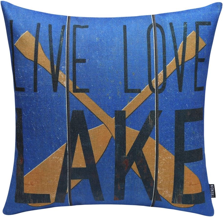 TRENDIN 18" X 18" Vintage Blue Live Love Lake Oar Linen Cotton Cushion Cover Pillow Case (PL047TR)