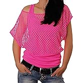 Smile Fish Women Casual Sexy 80s Costumes Fishnet Neon Off Shoulder T-Shirt